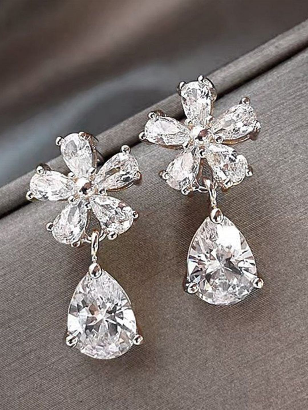 DIVASTRI Korean Gold Plated Artificial Stones Floral Drop Earrings-picture-38