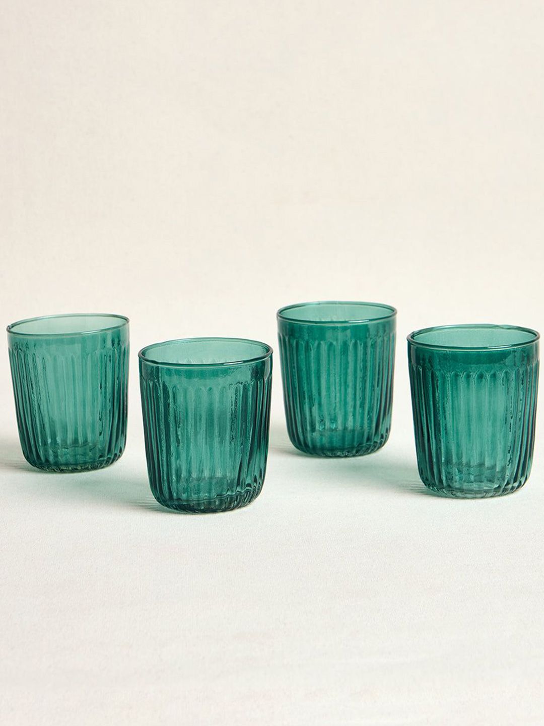 Chumbak Cove Green 4 Pieces Textured Glass Water Glasses-250ml Each Summer Serenade-image-35