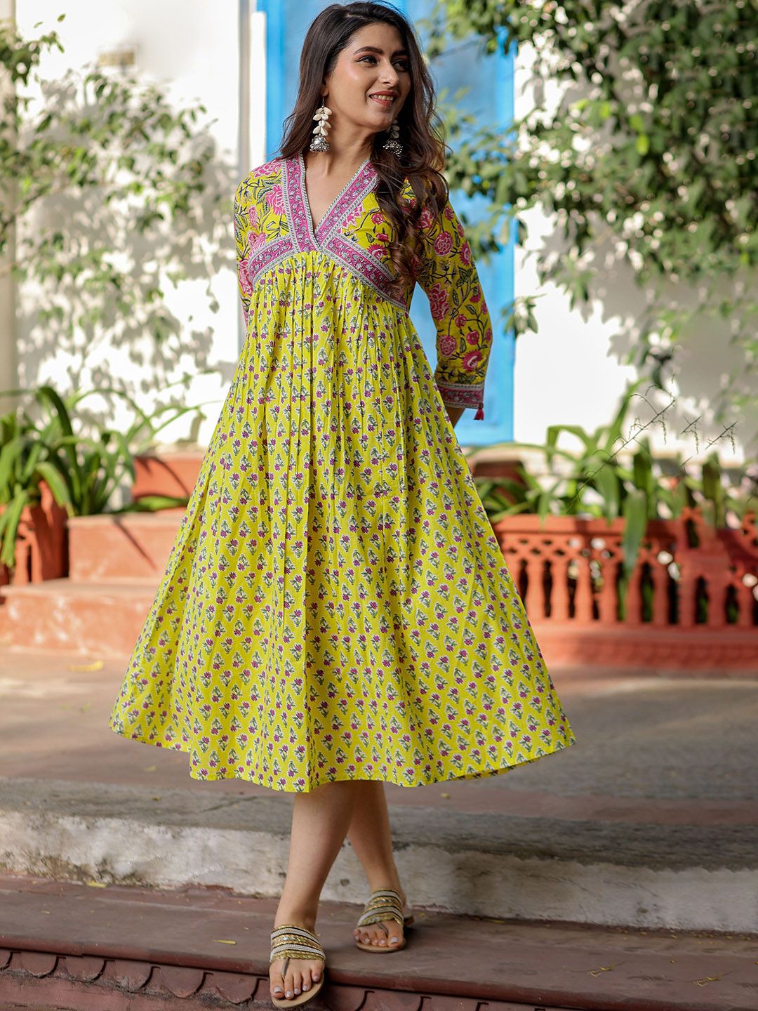 HERE&NOW Floral Printed Woven Pure Cotton A-Line Midi Ethnic Dress-picture-18