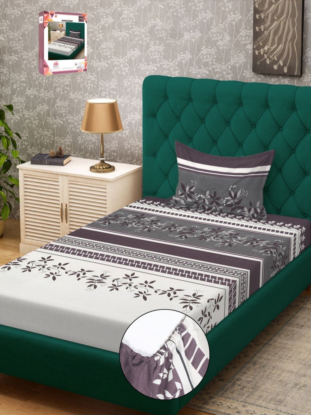 Myntra Elegant Homes Grey & White Floral 300 TC Single Bedsheet with 1 Pillow Covers-picture-37