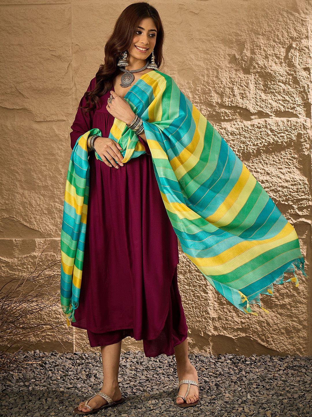 InWeave V Neck A Line Kurta With Palazzos & Dupatta