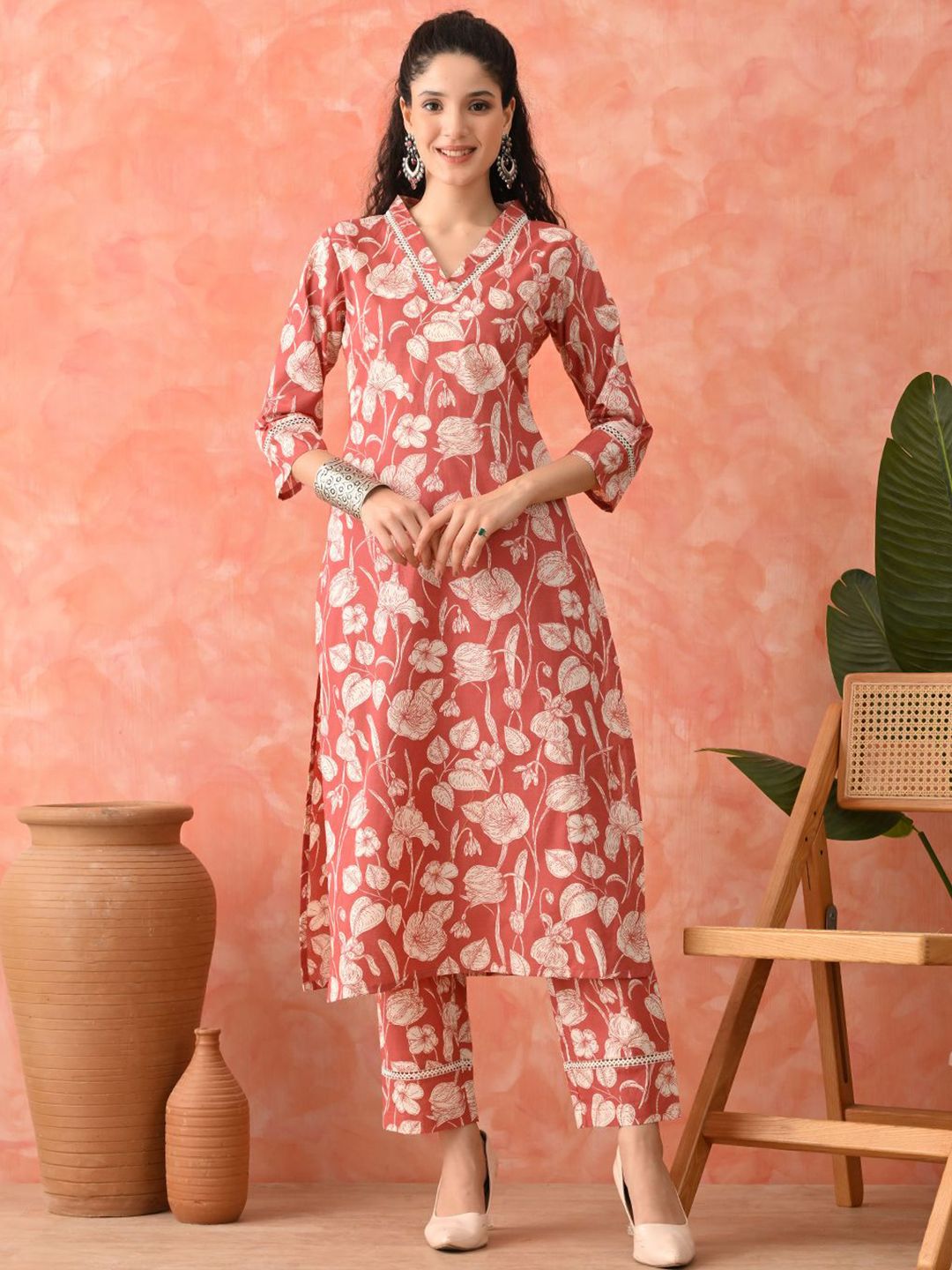 Sangria Floral Printed Pure Cotton V-Neck Kurta With Trousers