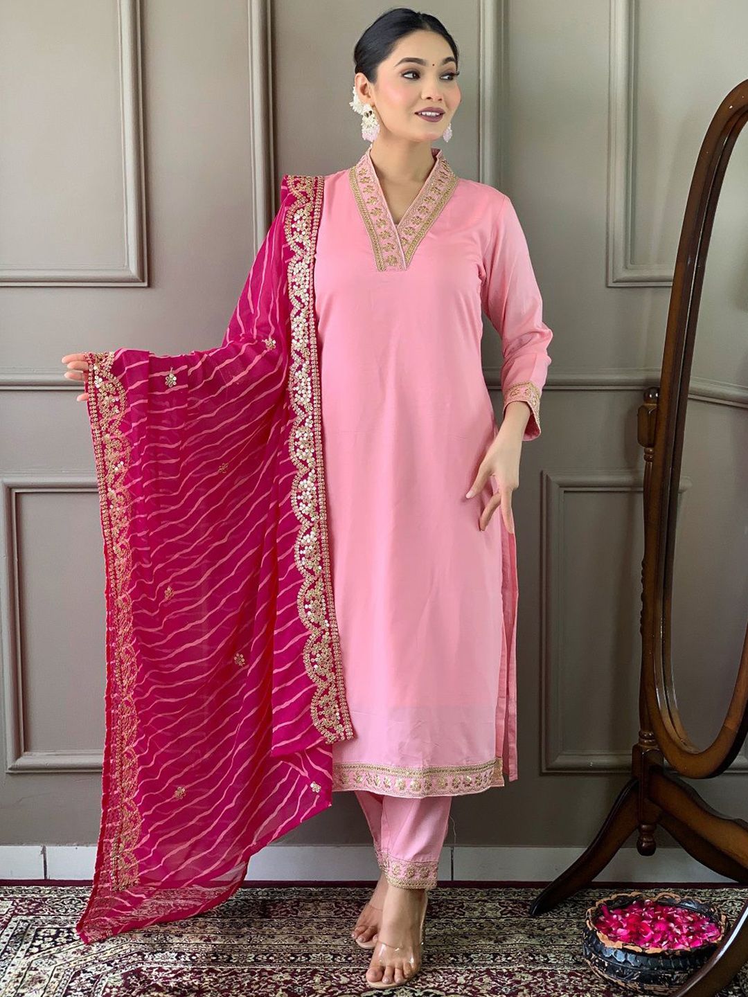 DHRUVIL IMPEX Ethnic Motifs Embroidered Sequinned Straight Kurta With Trousers & Dupatta