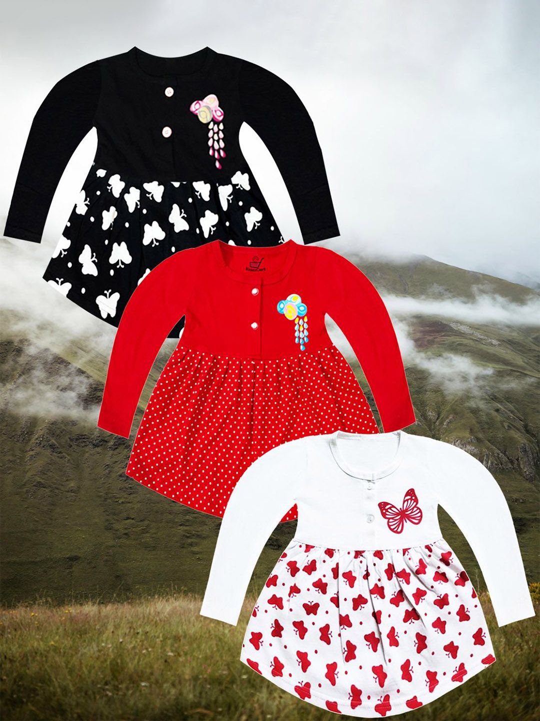 KidzzCart Pack Of 3 Polka Dot Printed Fit & Flare Dress-picture-35