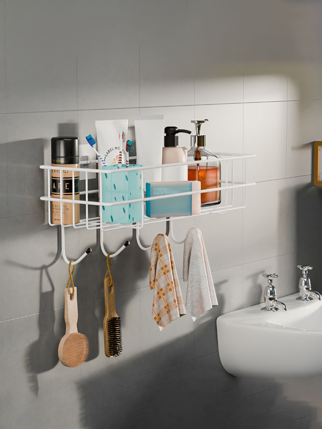 Aura White Metal Self Adhesive Bathroom Organiser with Drill Screws & 4 Hooks-image-35