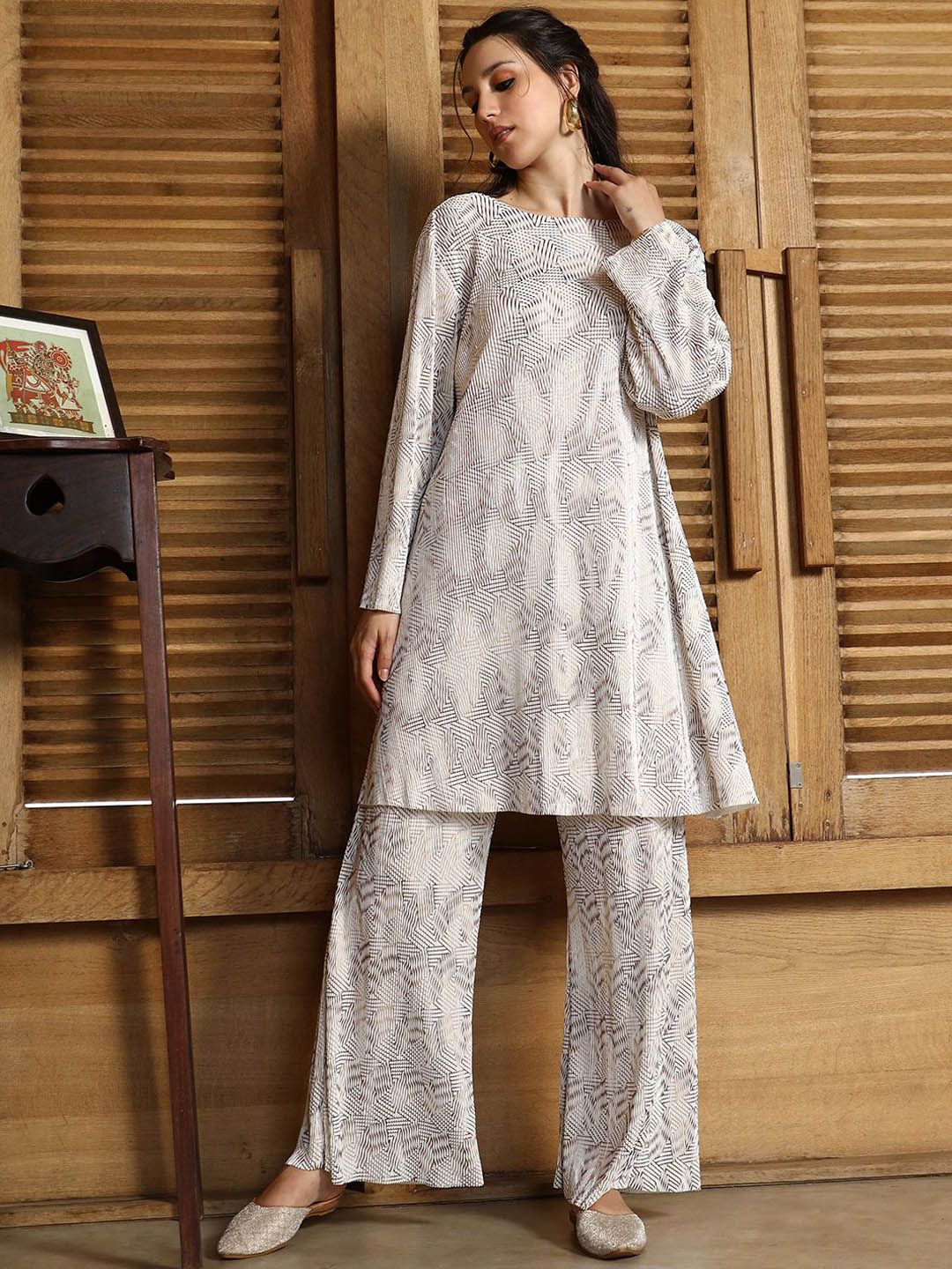 QISSA Abstract Printed Satin A-Line Kurta With Palazzos-picture-24