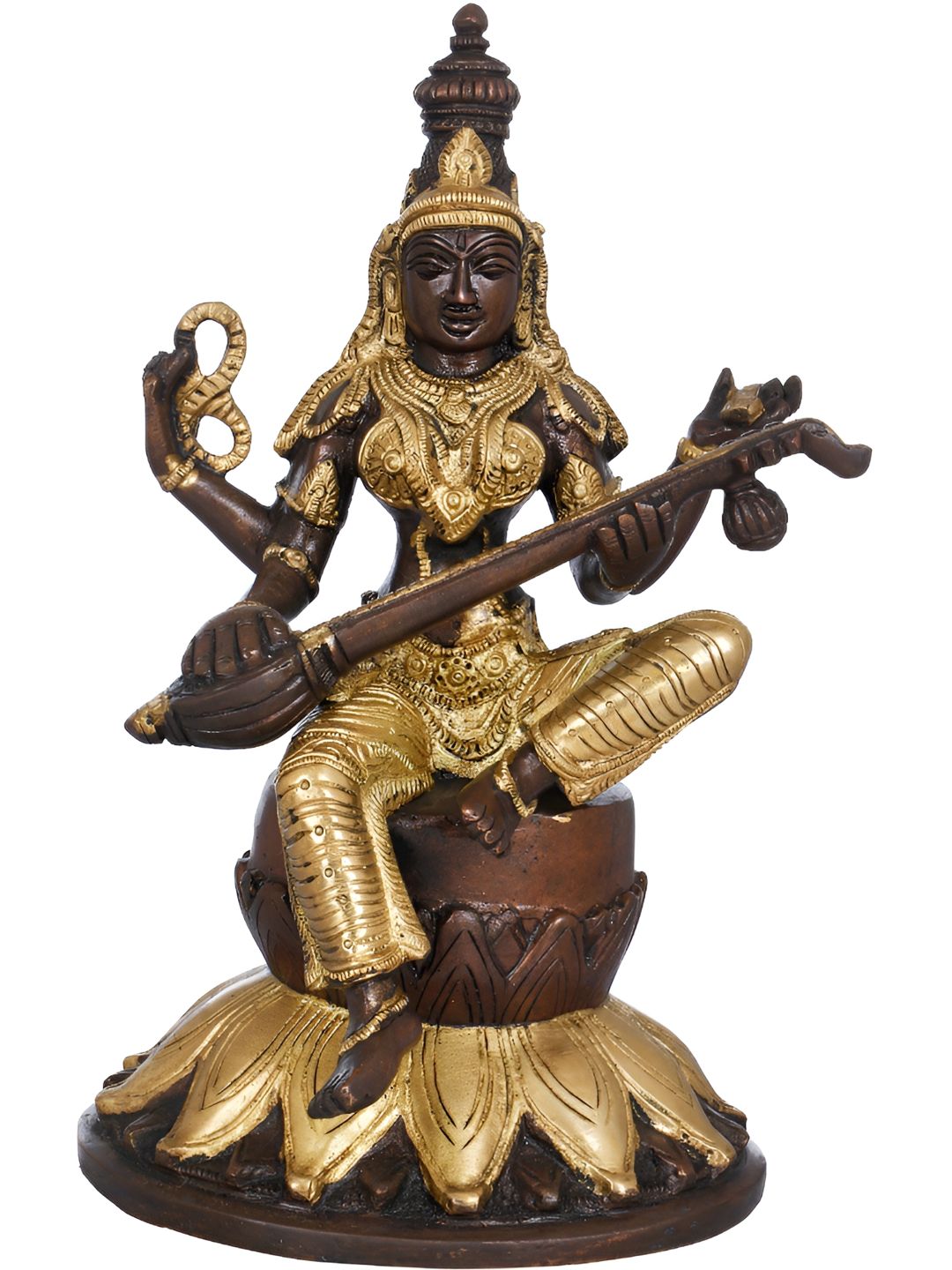 Exotic India 9" Goddess Saraswati Seated on Lotus In Brass Made In India Showpieces-picture-31