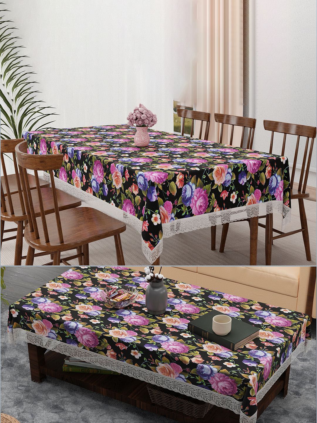 Kuber Industries Black Set of 2 Floral Waterproof Plastic 6-Seater Table Cover-picture-26