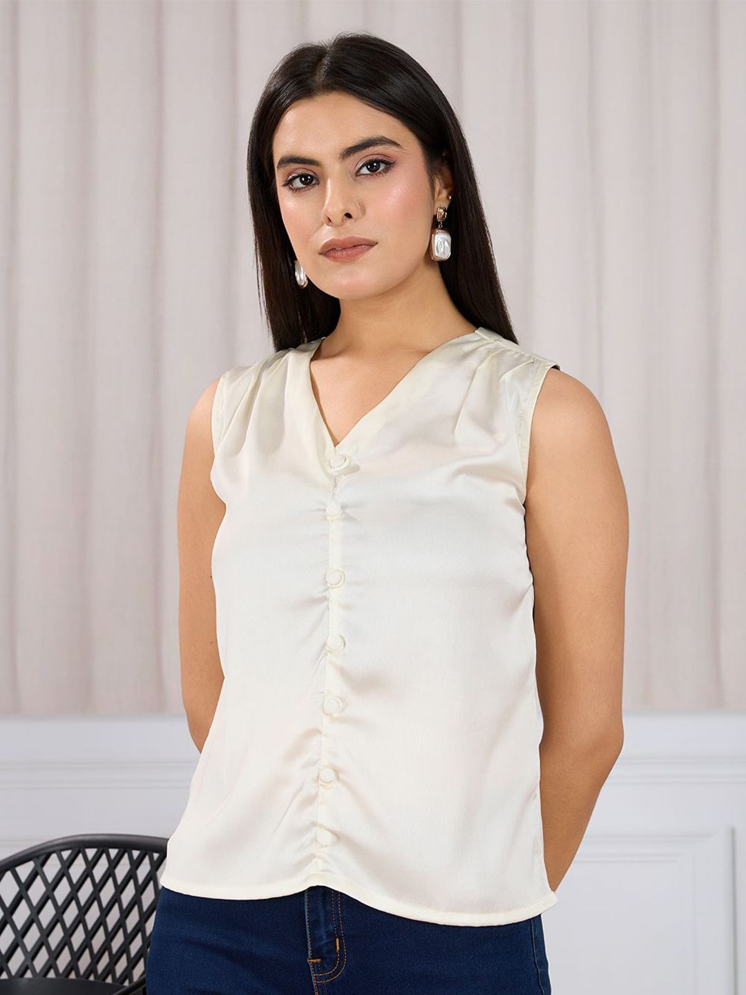 Mast & Harbour Women V-Neck Satin A-Line Top-picture-11