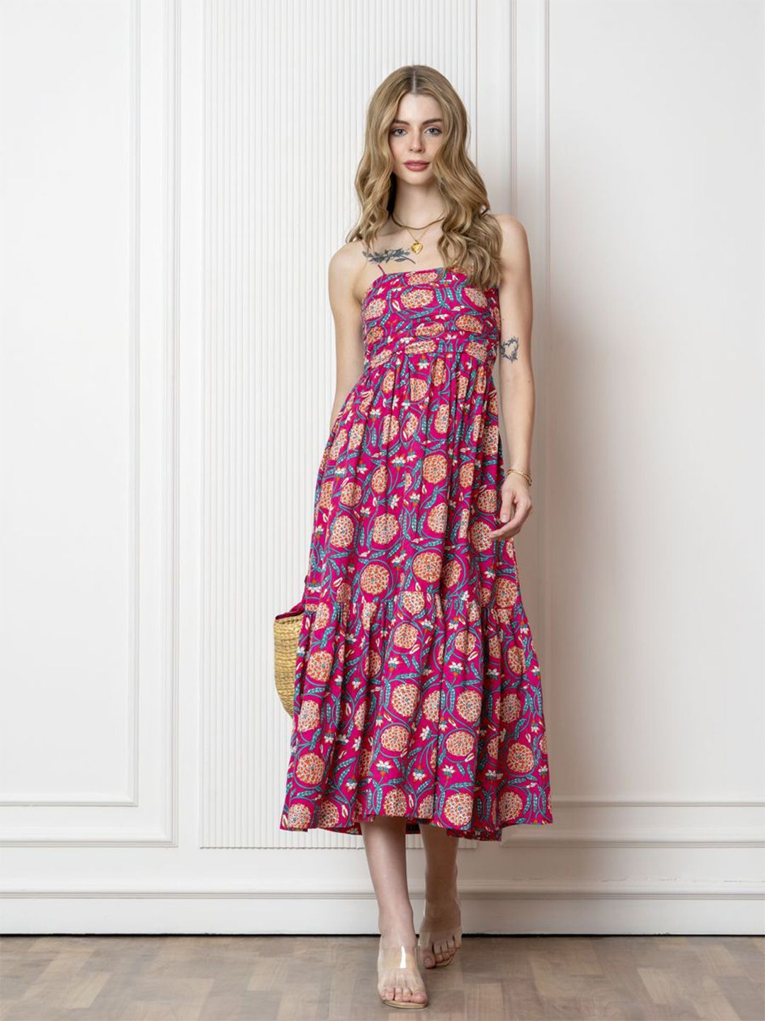 Zenava by Myntra Women Ethnic Motifs Printed Square Neck Fit & Flare Midi Dress-image-7