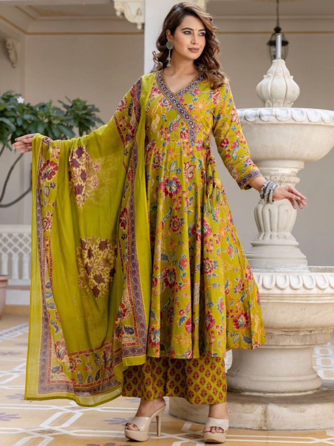 SRILICA Floral Printed V-Neck Angrakha Anarkali Kurta With Trousers & Dupatta