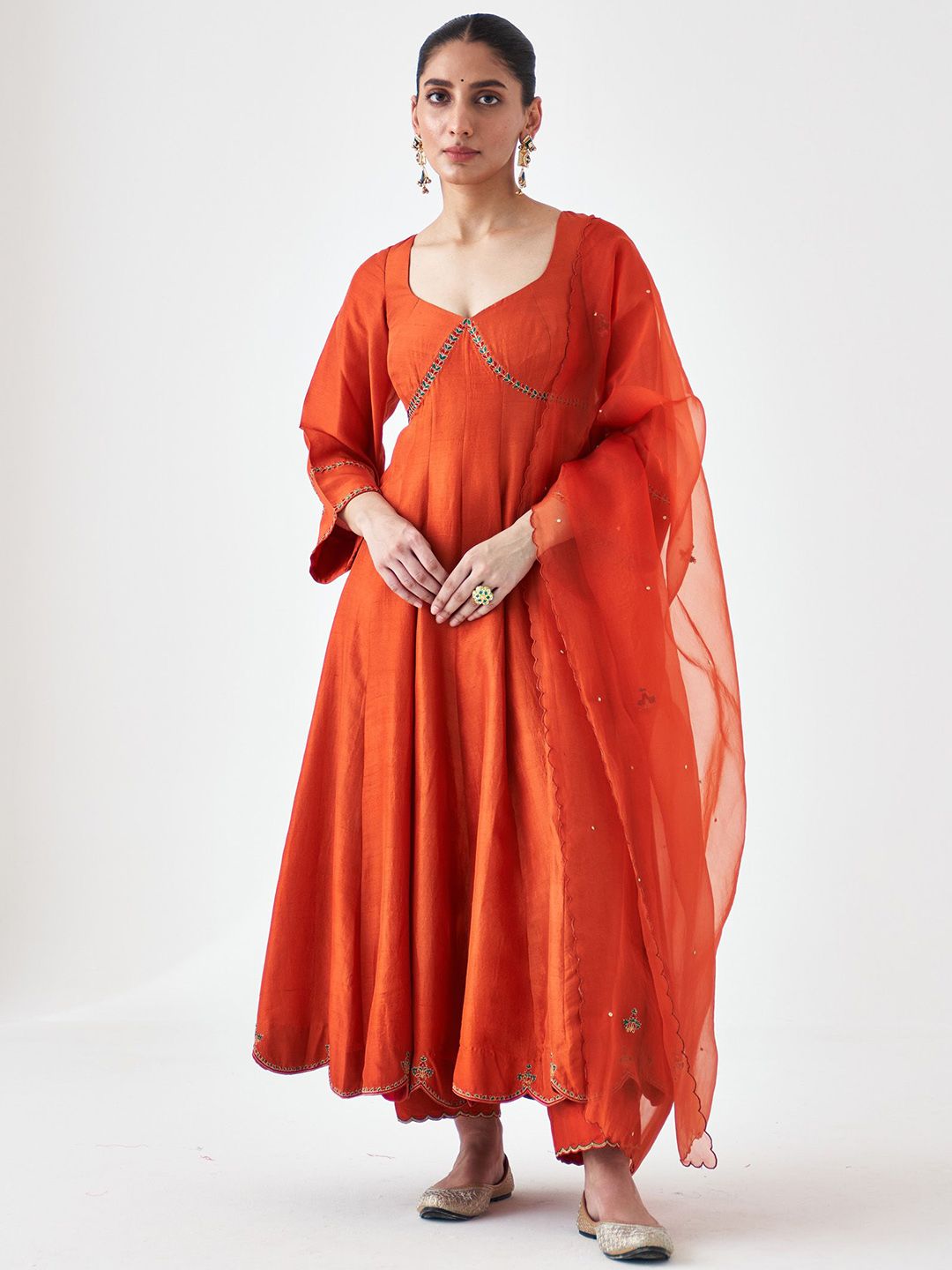 JANKI INDIA Women Ethnic Motifs Embroidered Dupion Silk Kurta with Trousers & With Dupatta-image-42