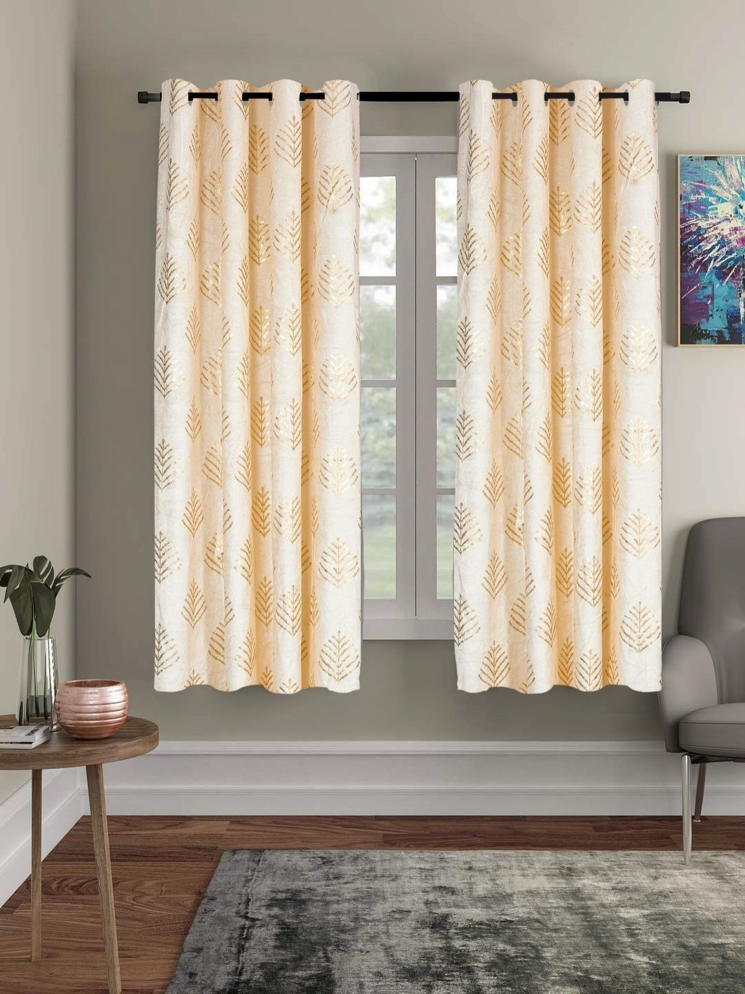 Myntra Elegant Homes Cream-Coloured Set of 2 Floral Room Darkening Window Curtains-picture-22