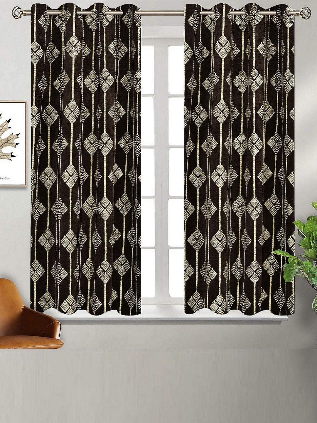 RRC Brown 2 Pieces Geometric Printed Room Darkening Velvet Window Curtains-picture-38