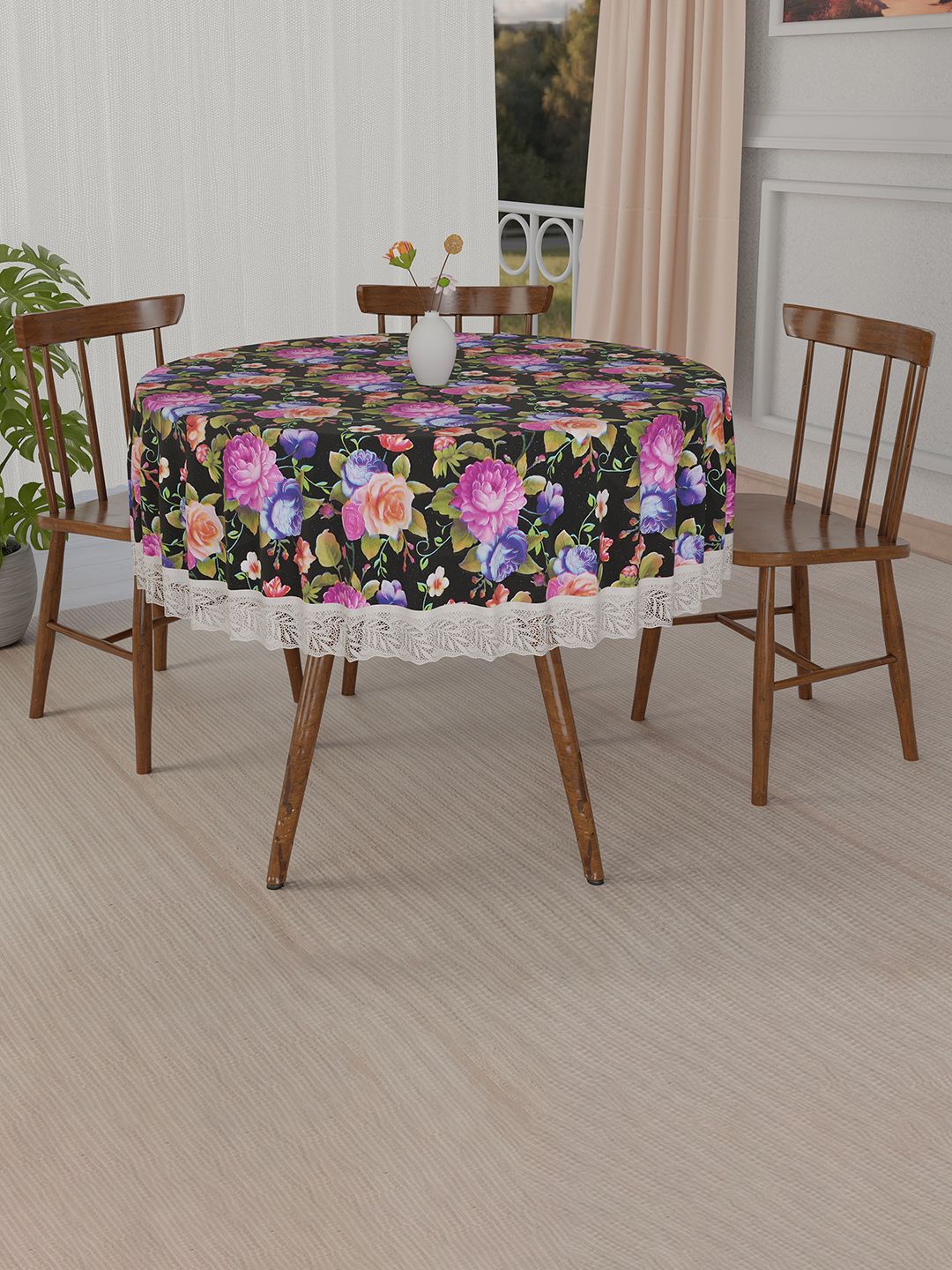 Kuber Industries Black Floral Waterproof Plastic Round 4-Seater Table Cover-picture-33