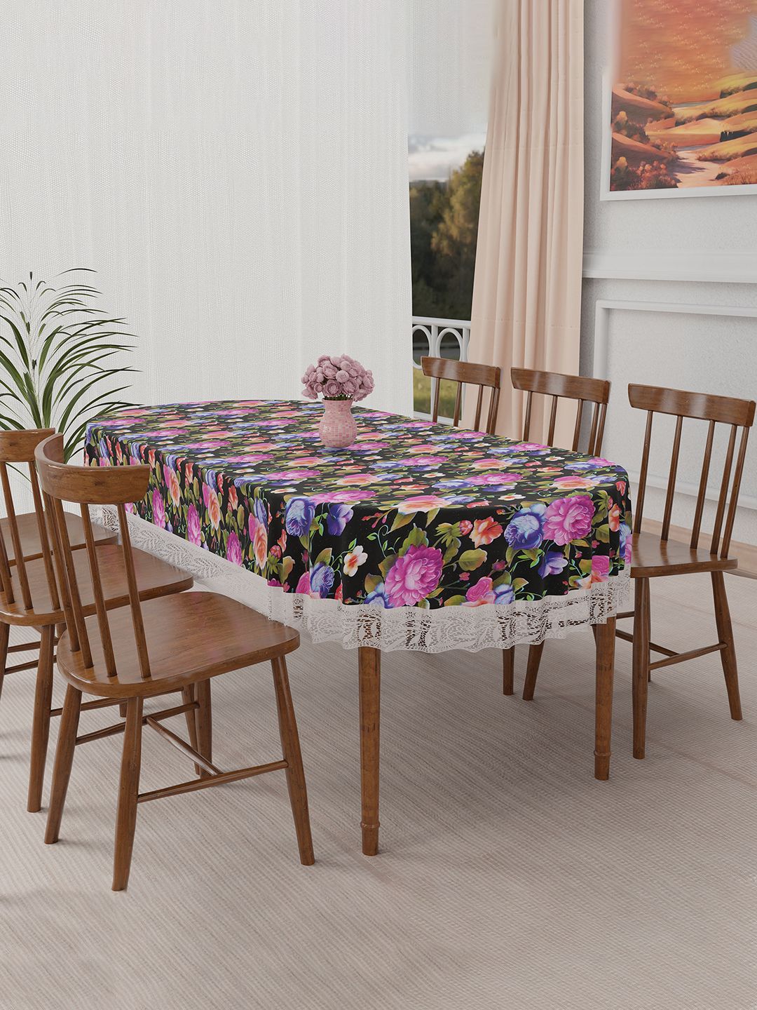 Kuber Industries Black Floral Waterproof Plastic 6-Seater Table Cover-picture-21