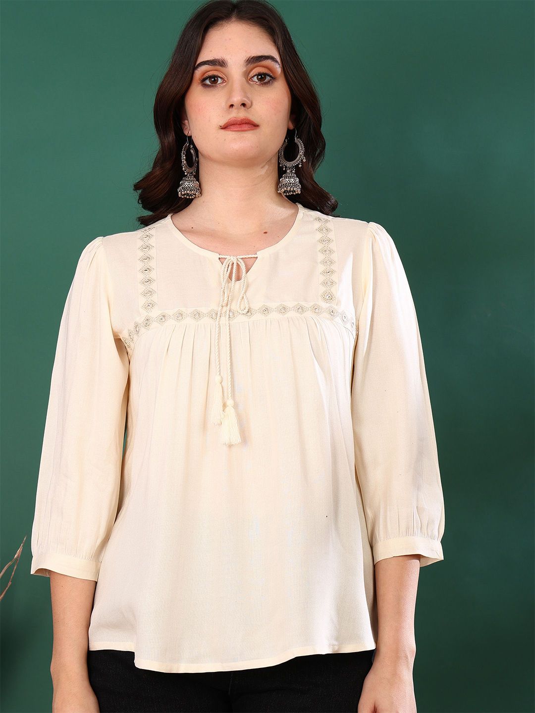 YASH GALLERY Women Embroidered Tie-Up Neck Top-picture-13