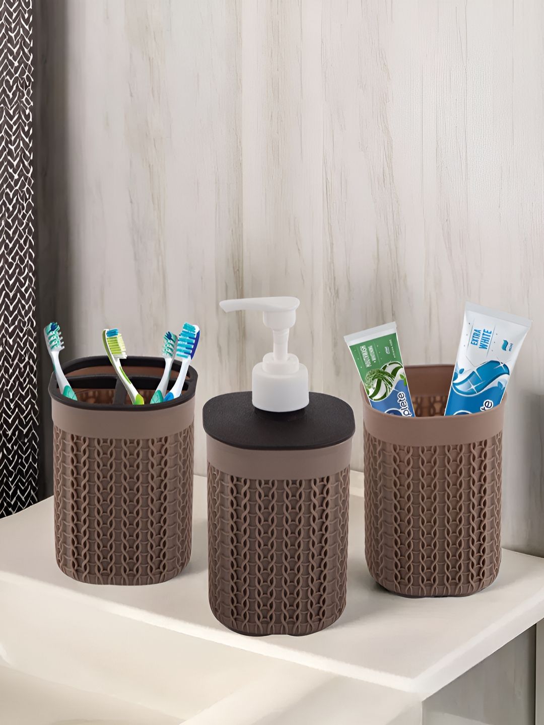Aura Brown 3 piece Solid Plastic Bath Accessories Set-image-45