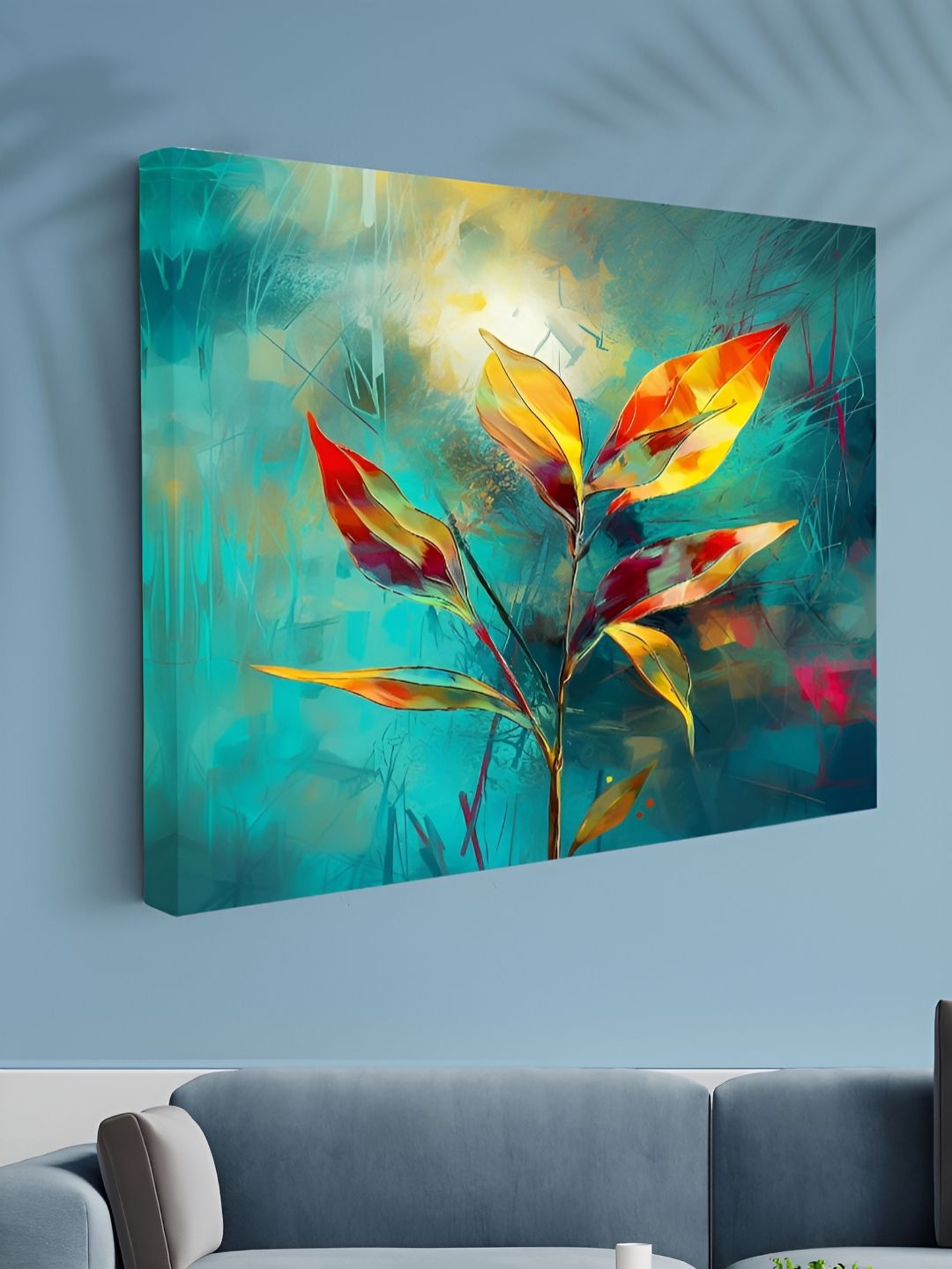 Aura Green & Yellow Leaf Printed Canvas Wall Art-image-45