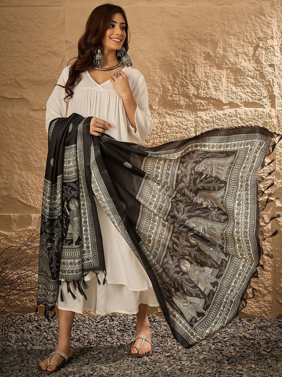 InWeave V Neck A Line Kurta With Palazzos & Dupatta