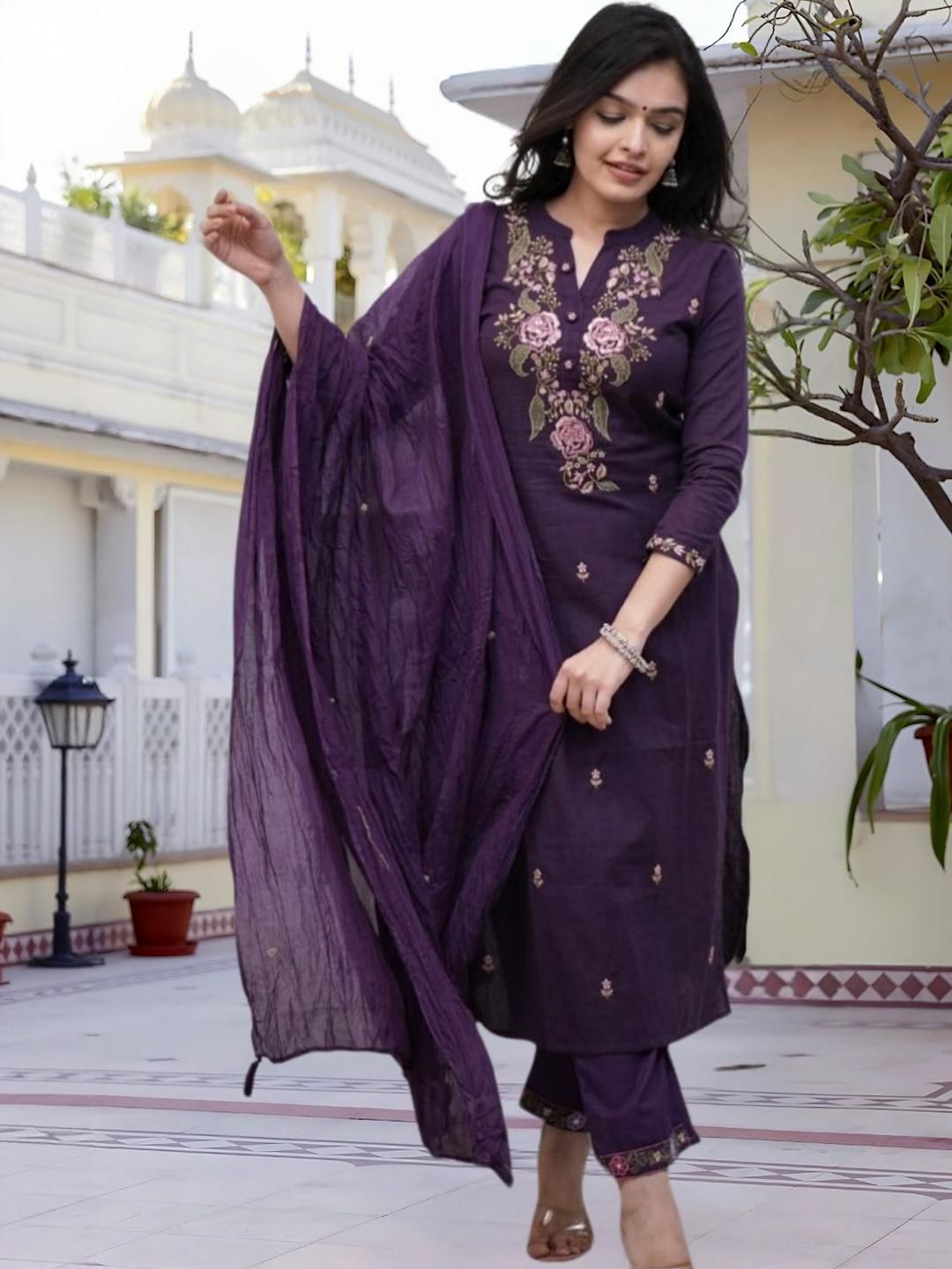 KALINI Women Floral Embroidered Thread Work Kurta with Trousers & Dupatta