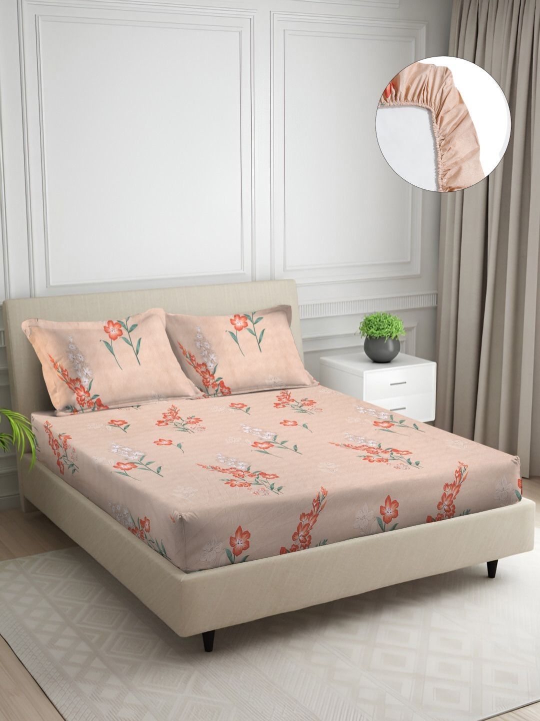 Signature Lilly Brown & Orange Printed Cotton 120 TC King Bedsheet Set 1.83 cm x 2.23m-picture-16