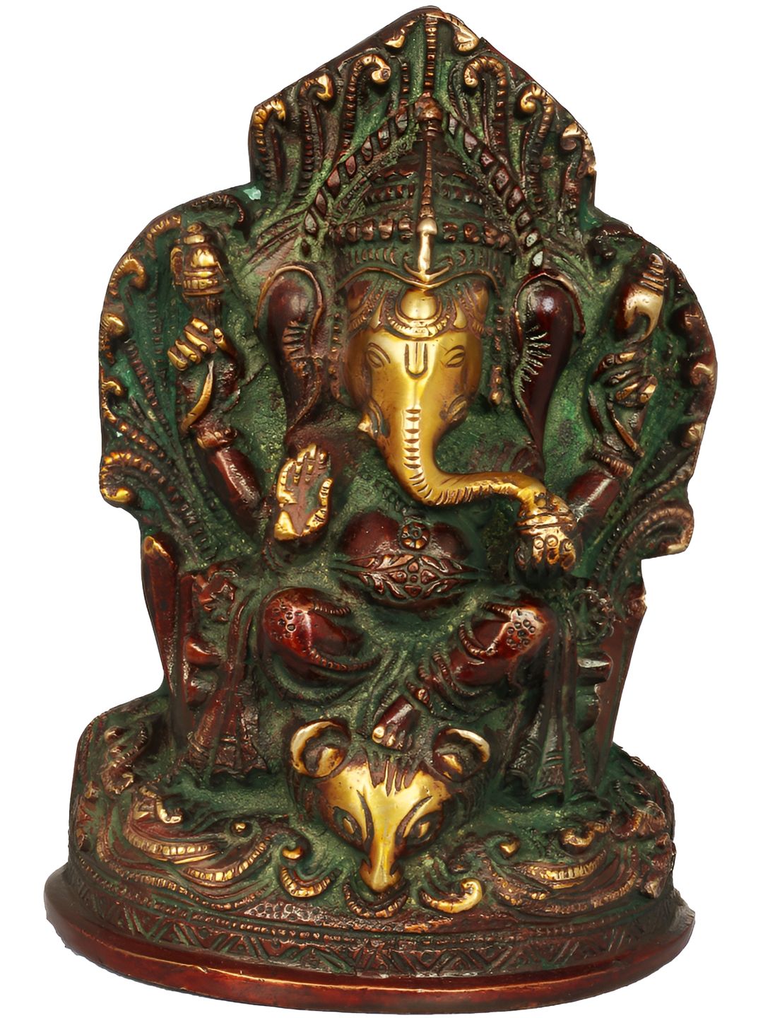 Exotic India Red Throne Ganesha Leg Resting On Mouse Head Brass Religious Idol Showpiece-picture-17