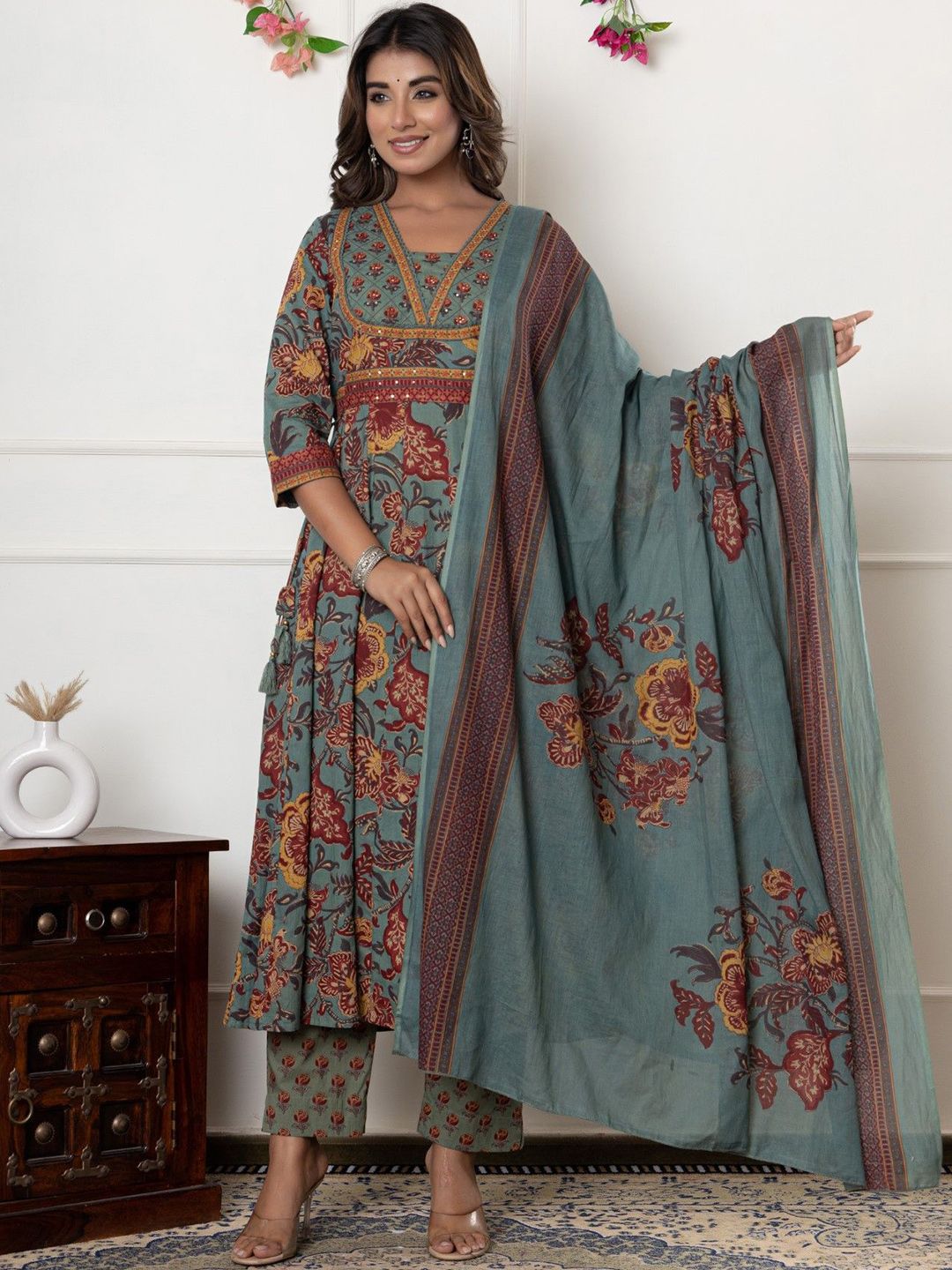 Swasti Floral Printed V-Neck Sequinned Pure Cotton Anarkali Kurta With Trousers & Dupatta