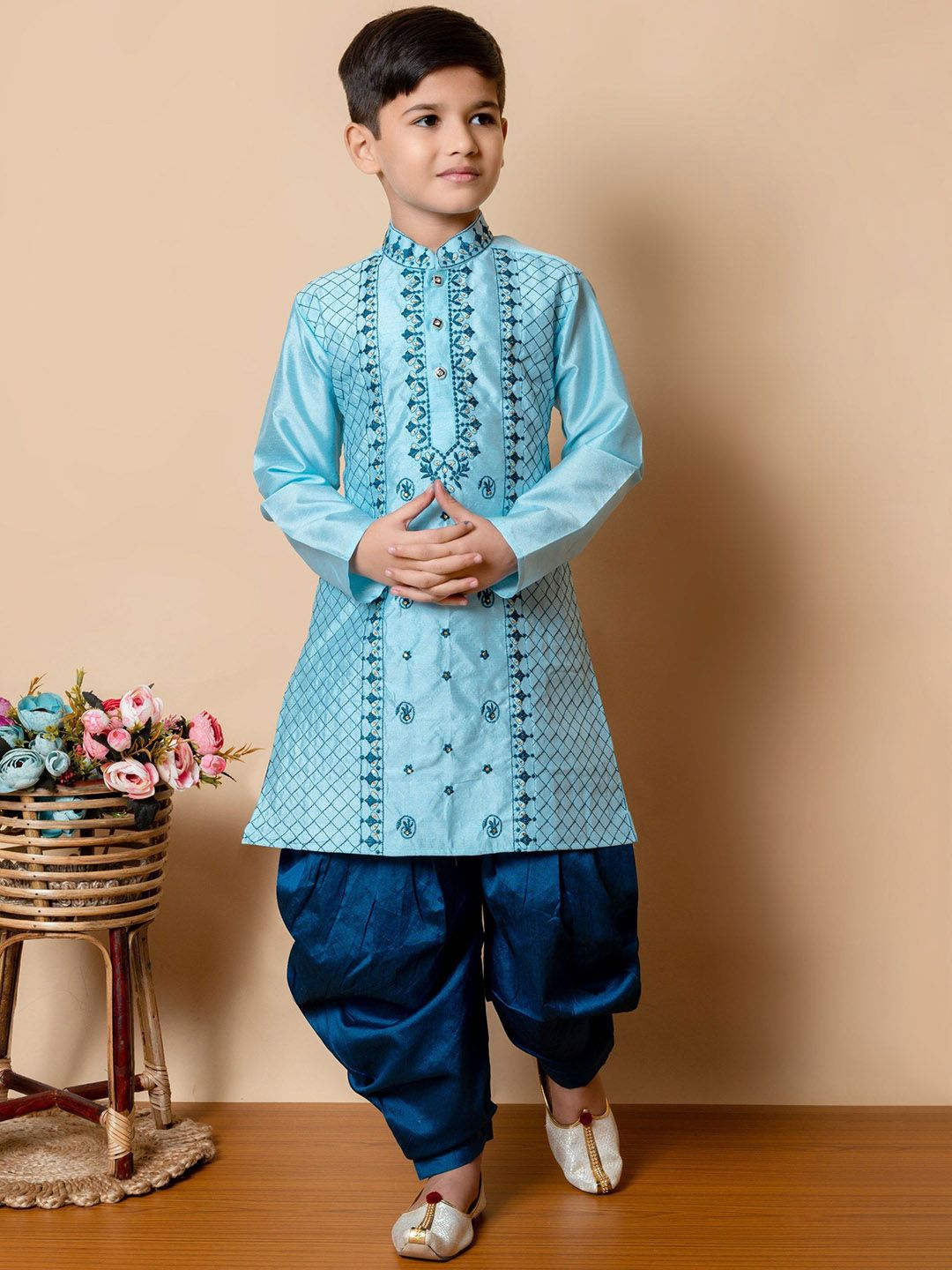 AHLAN APPARELS Boys Embroidered Regular Thread Work Dupion Silk Kurta with Patiala &-picture-24