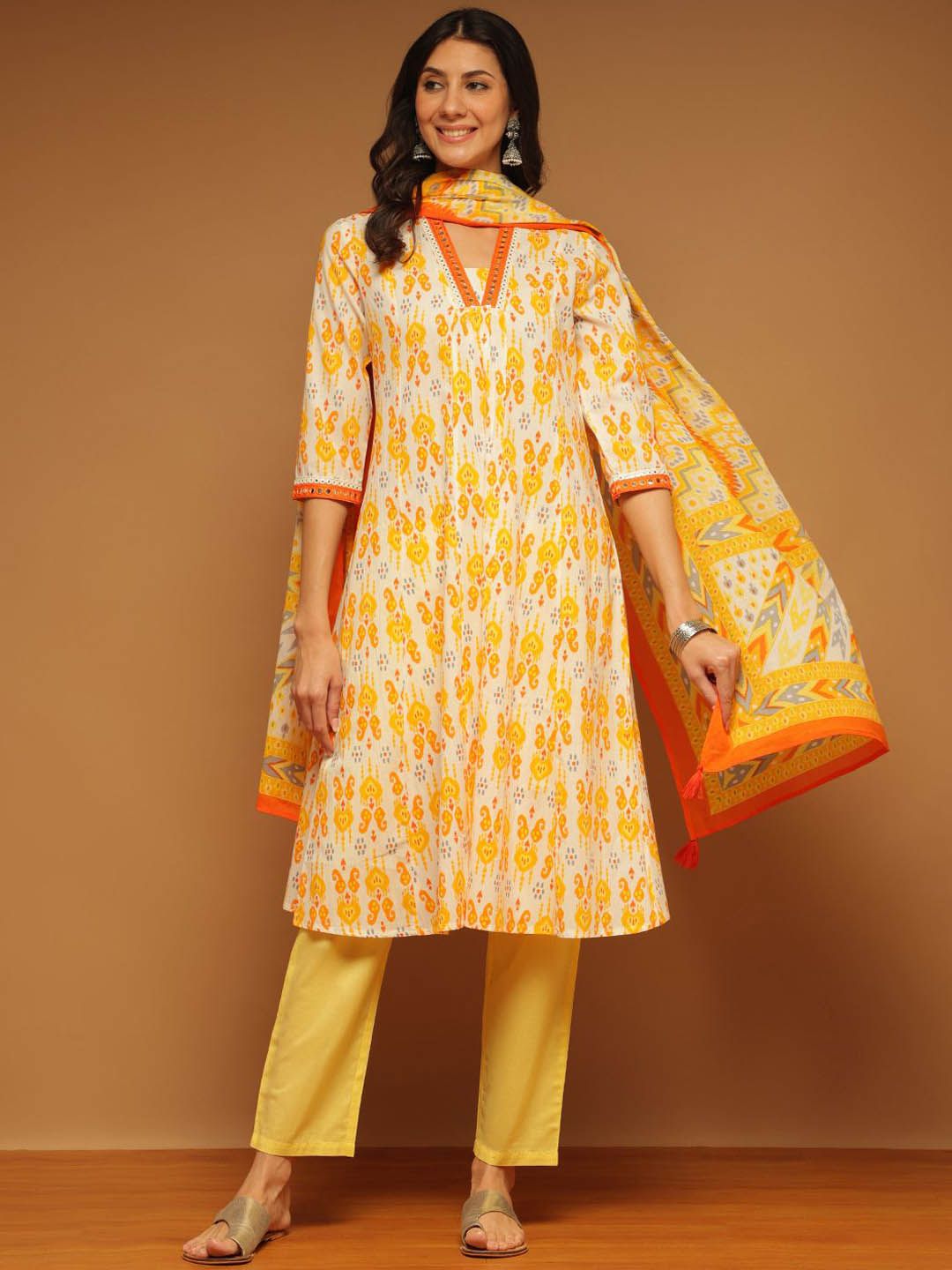 Anouk Women Ethnic Motifs Panelled Mirror Work Pure Cotton Kurta & Trousers & Dupatta