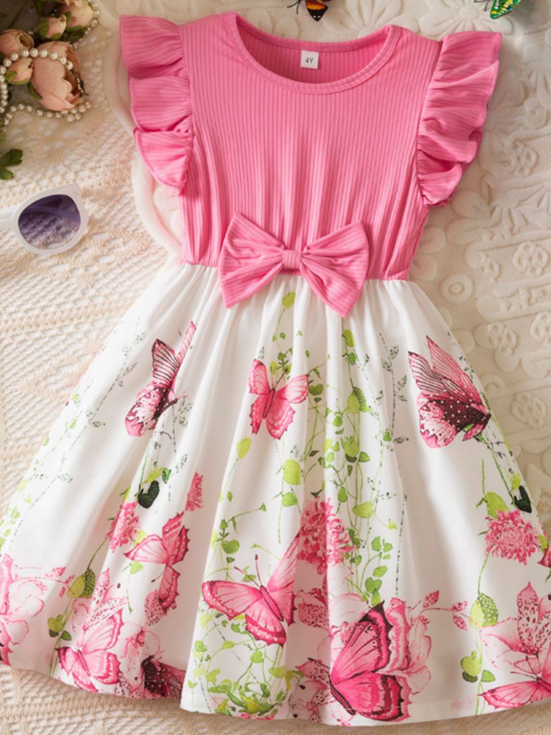 YK Kids Girls Floral Printed Round Neck Flutter Sleeve Fit & Flare Dress-picture-34