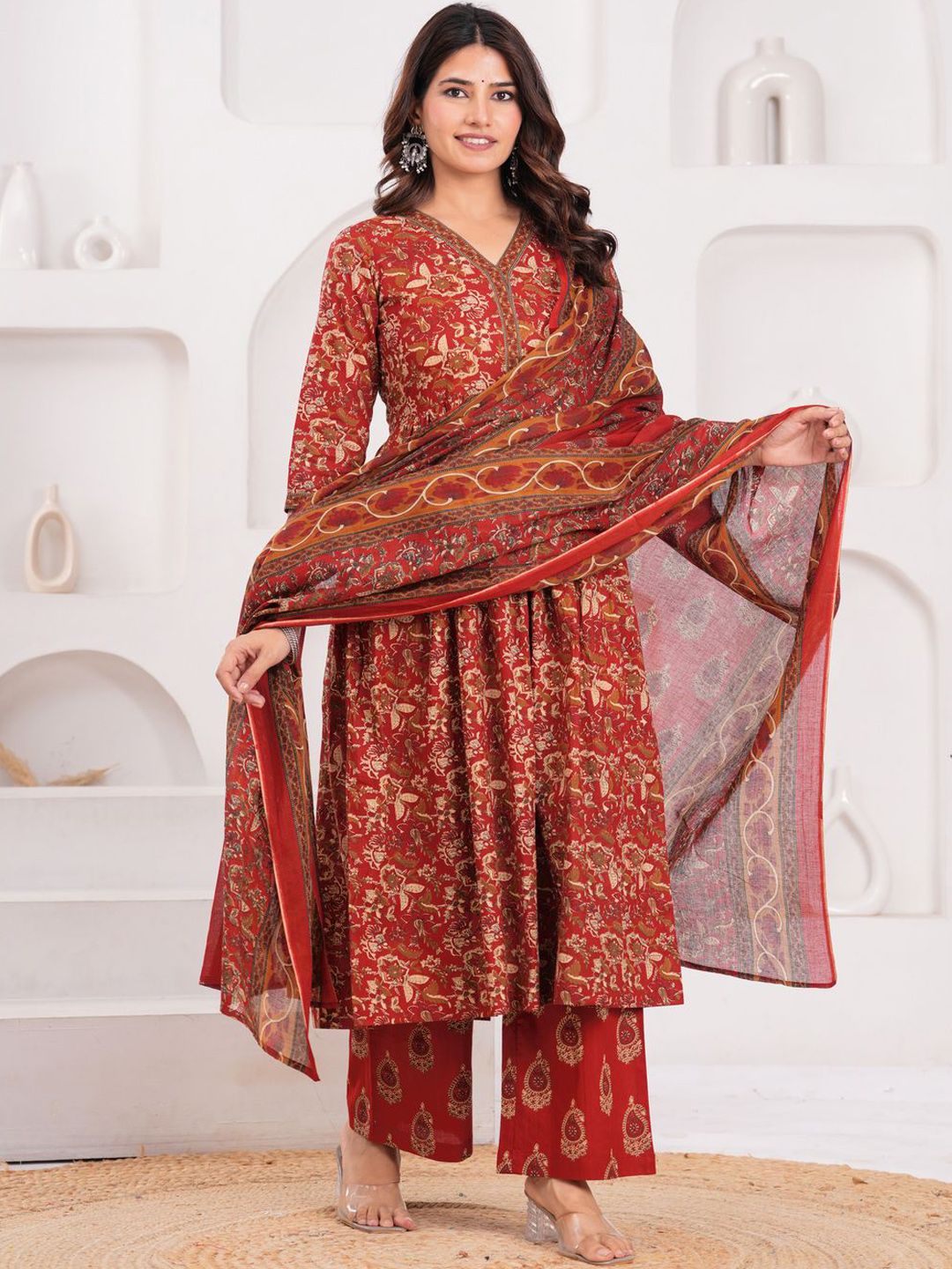 Vilgi Floral Printed Pure Cotton V-Neck Anarkali Kurta With Trousers And Dupatta