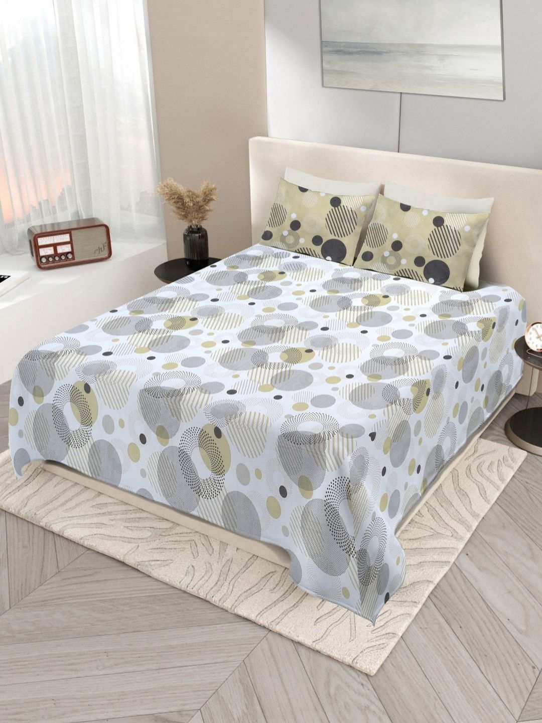 Nivasam Pindrop Grey & Beige Printed 200 TC King Bedsheet Set 2.28m x 2.54m-picture-40
