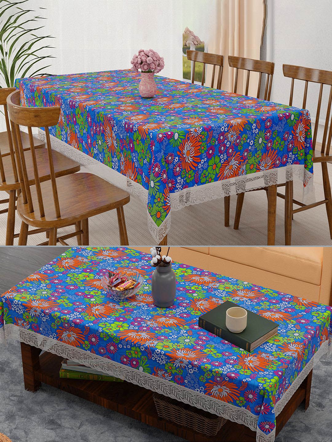 Kuber Industries Blue Set of 2 Floral Waterproof Plastic 6-Seater Table Cover-picture-19