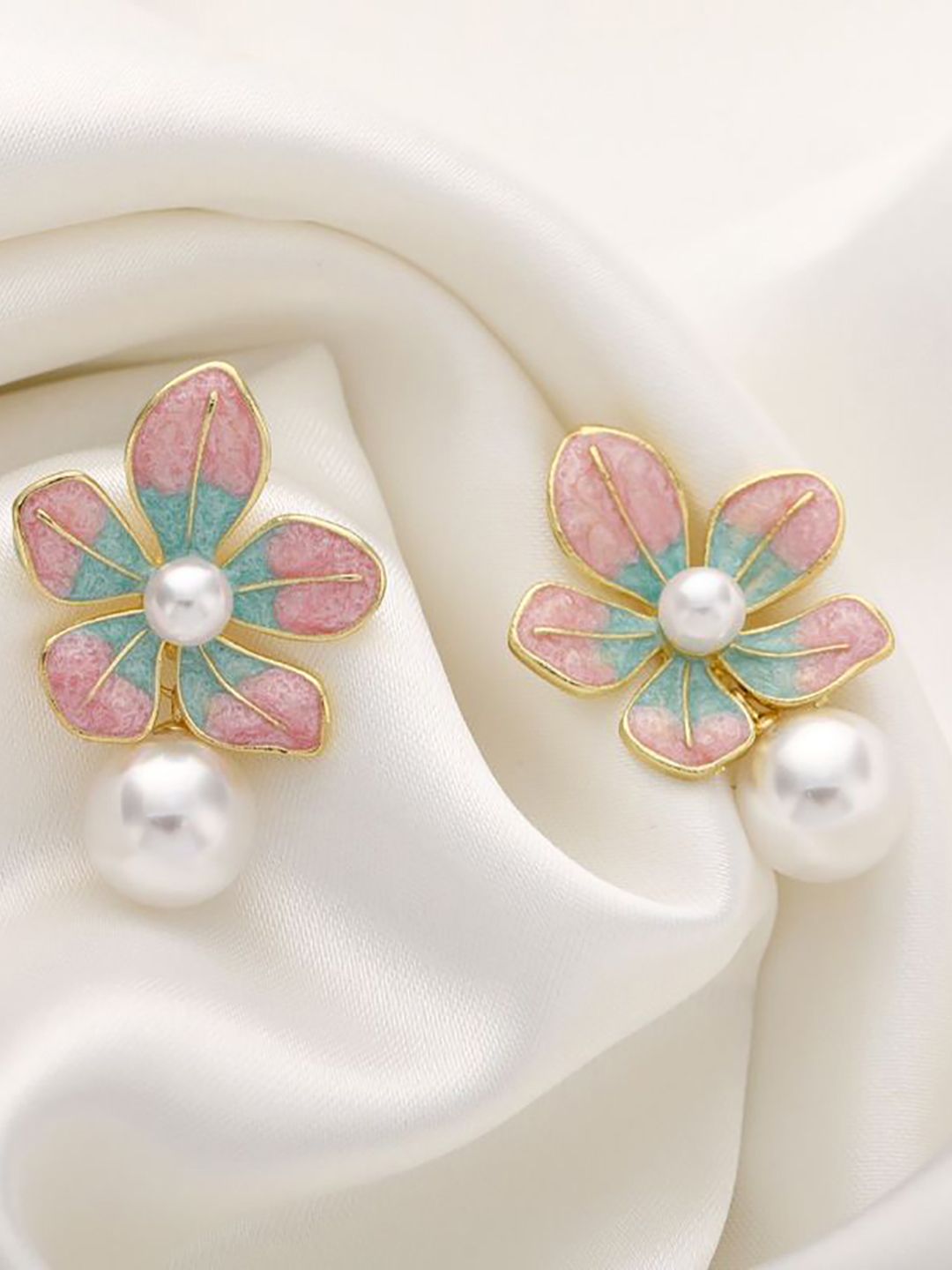 DIVASTRI Gold Plated Pearls Beaded Floral Korean Drop Earrings-picture-36