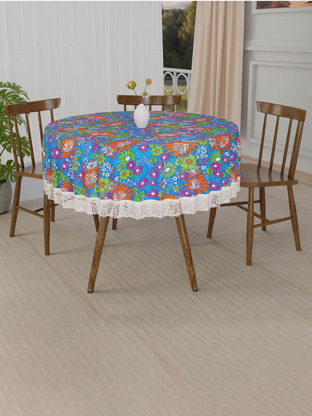 Kuber Industries Blue & Orange Floral Printed Waterproof Round 4-Seater Table Cover-picture-28