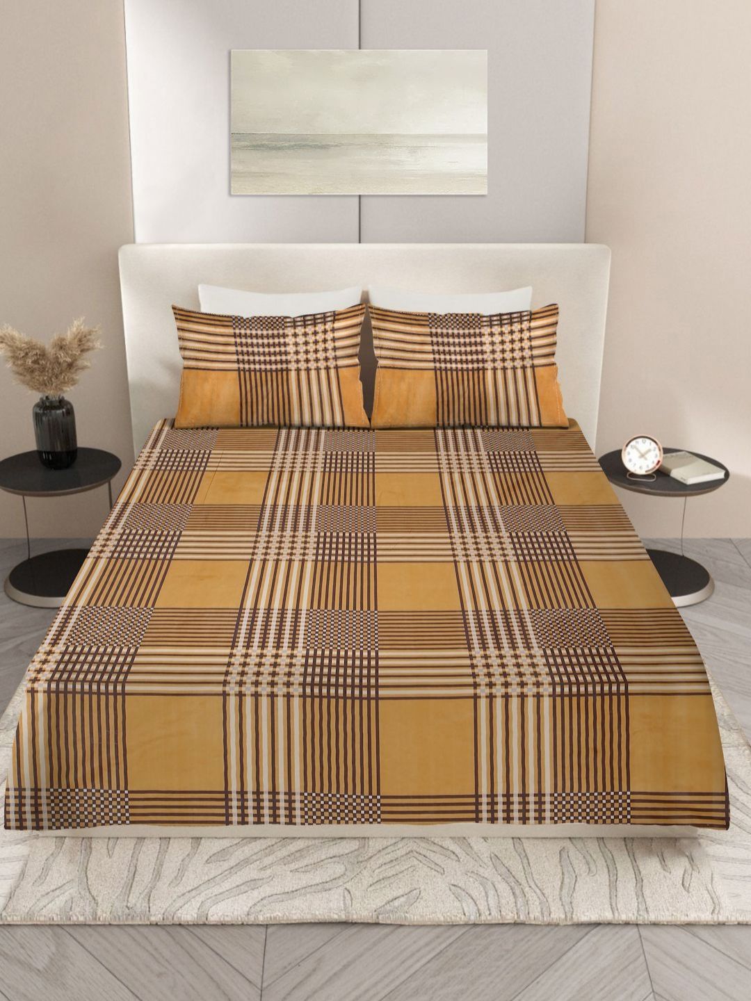 Nivasam Pindrop Mustard & Brown Printed 200 TC King Bedsheet Set 2.28m x 2.54m-picture-38