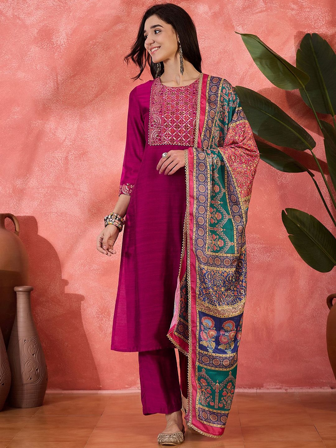 Sangria Women Embroidered Kurta With Trousers & Dupatta