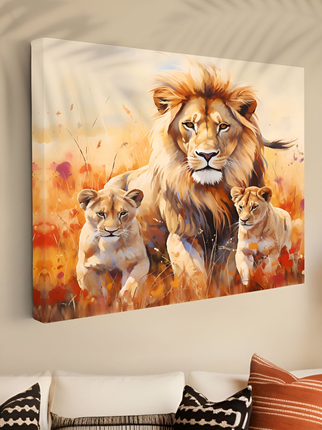 Aura Orange Colored & Brown Lion Family Printed Canvas Wall Art-image-33