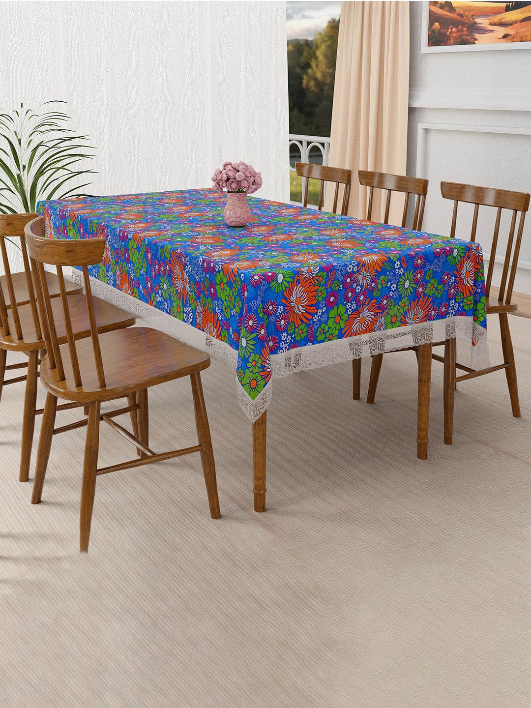 Kuber Industries Blue & Green Floral Waterproof 6-Seater Rectangle Table Cover-picture-13