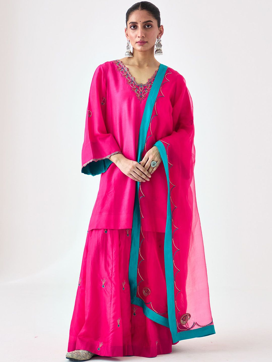 JANKI INDIA Embroidered Dupion Silk Kurta with Sharara & Dupatta-image-19