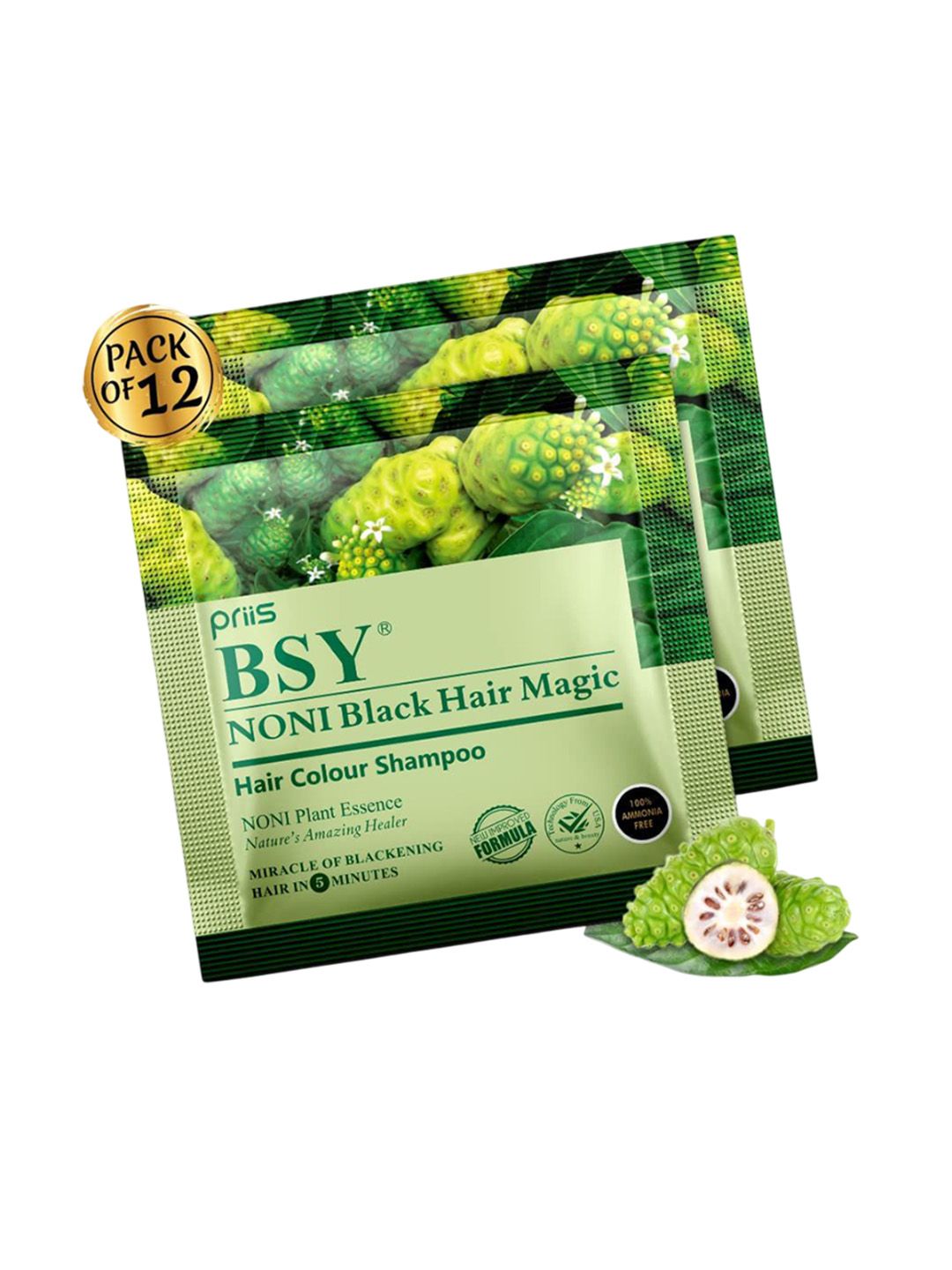 PRIIS Set Of 12 BSY Noni Black Magic Hair Color Shampoo - 12 ml Each - Black-image-49