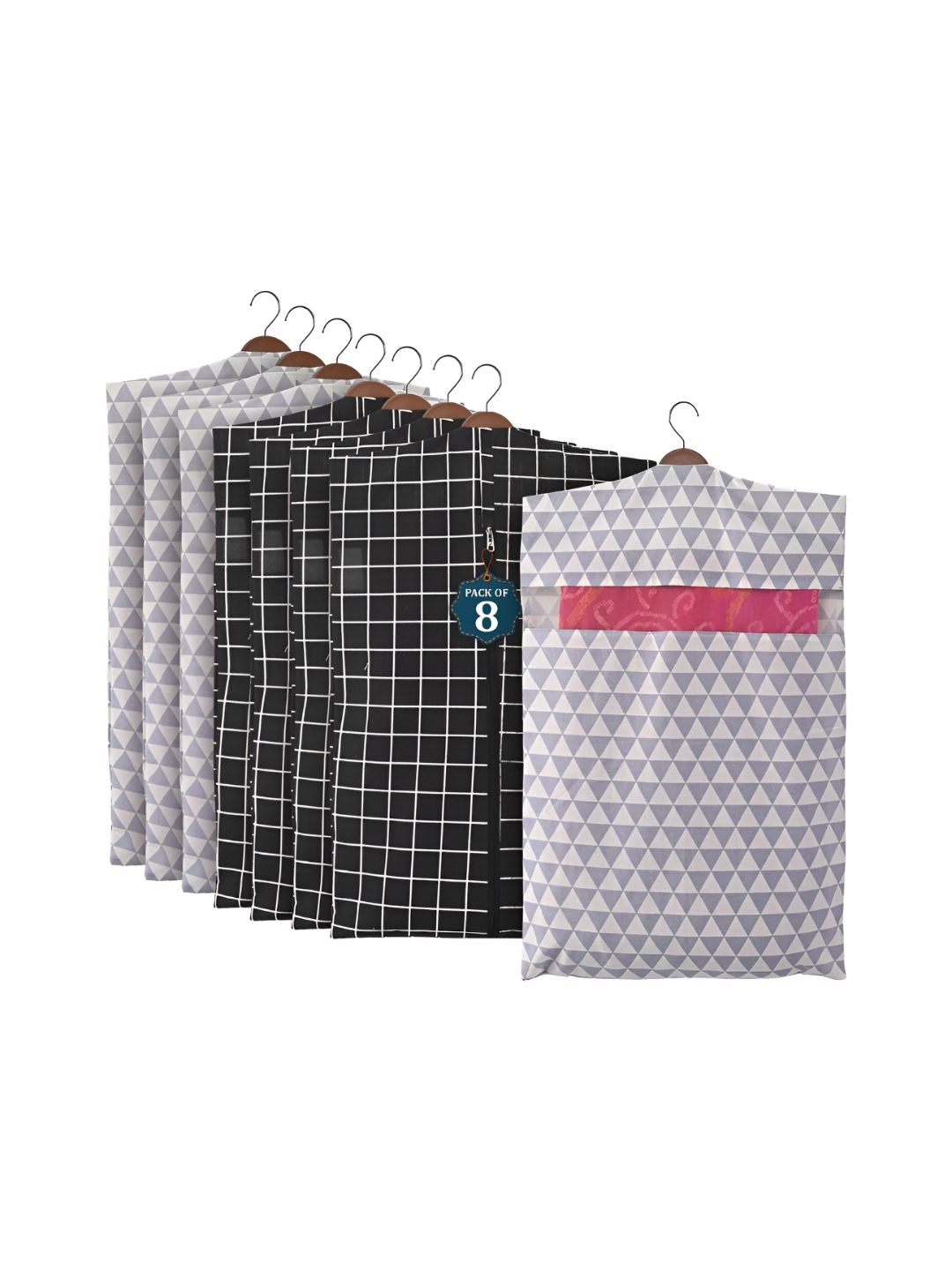 Aura Black & Grey 8 Pieces Printed Mesh Cotton Hanging Saree Cover Cotton Organisers-picture-25