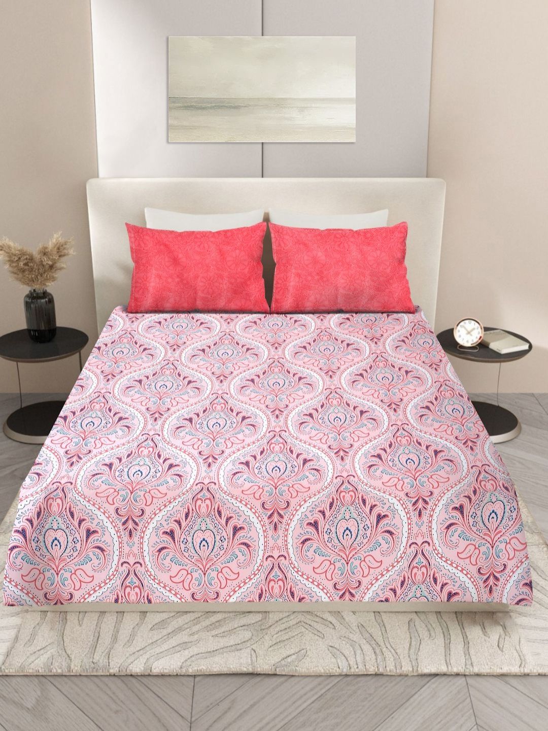 Nivasam Pindrop Coral & Pink Ethnic Motifs Printed 200 TC King Bedsheet Set 2.28m x 2.54m-picture-19
