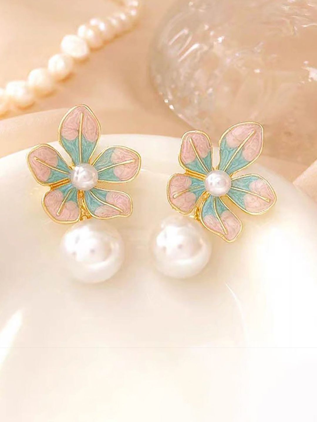 DIVASTRI Gold Plated Pearls Beaded Floral Korean Drop Earrings-picture-26