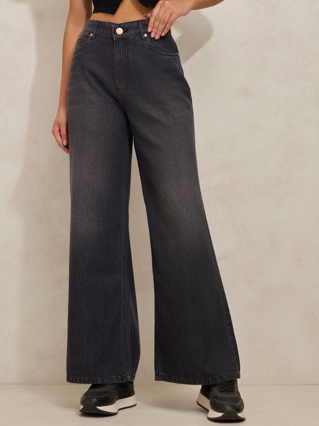 SHOWOFF Women Comfort Wide Leg High Rise Clean Look Light Fade Non Stretchable Jeans-picture-14