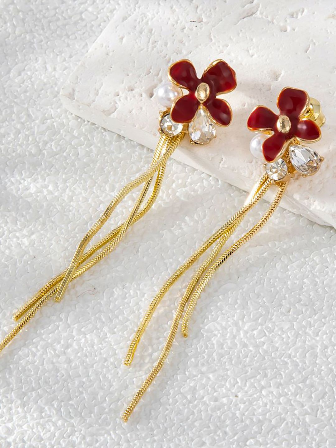 DIVASTRI Gold Plated Artificial Stones Studded & Beaded Tasselled Floral Drop Earrings-picture-40