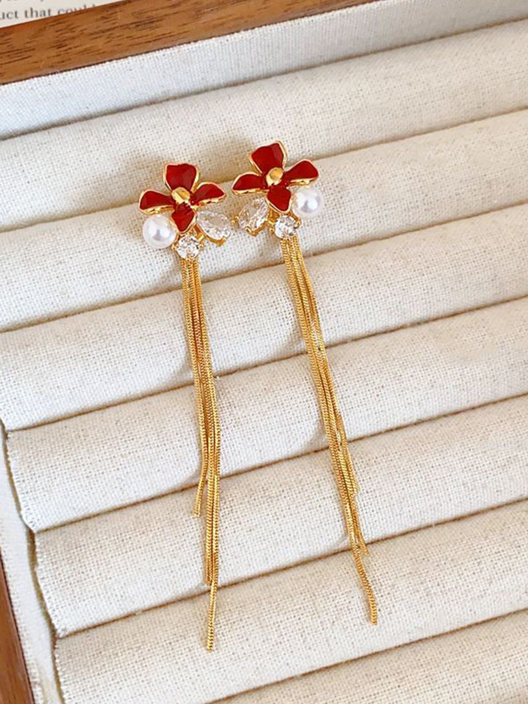 DIVASTRI Gold Plated Artificial Stones Studded & Beaded Tasselled Floral Drop Earrings-picture-39