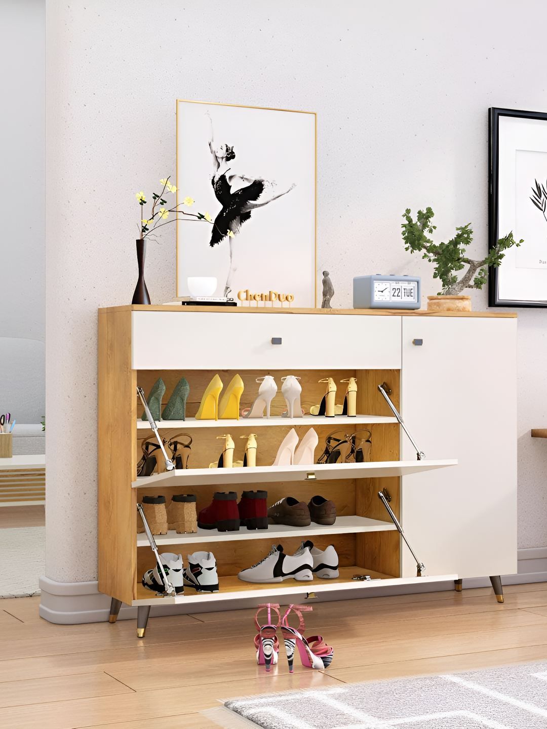 HEXA RED White & Brown Moisture & Termite Resistant Wooden Shoe Rack