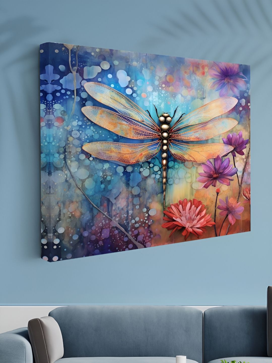 Aura Blue & Purple Dragonfly Printed Canvas Wall Art-image-1